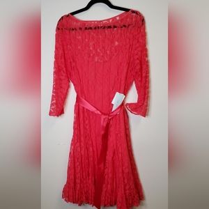 Teri Jon by Rickie Freeman, Red pun-tuck dress with lace overlays.